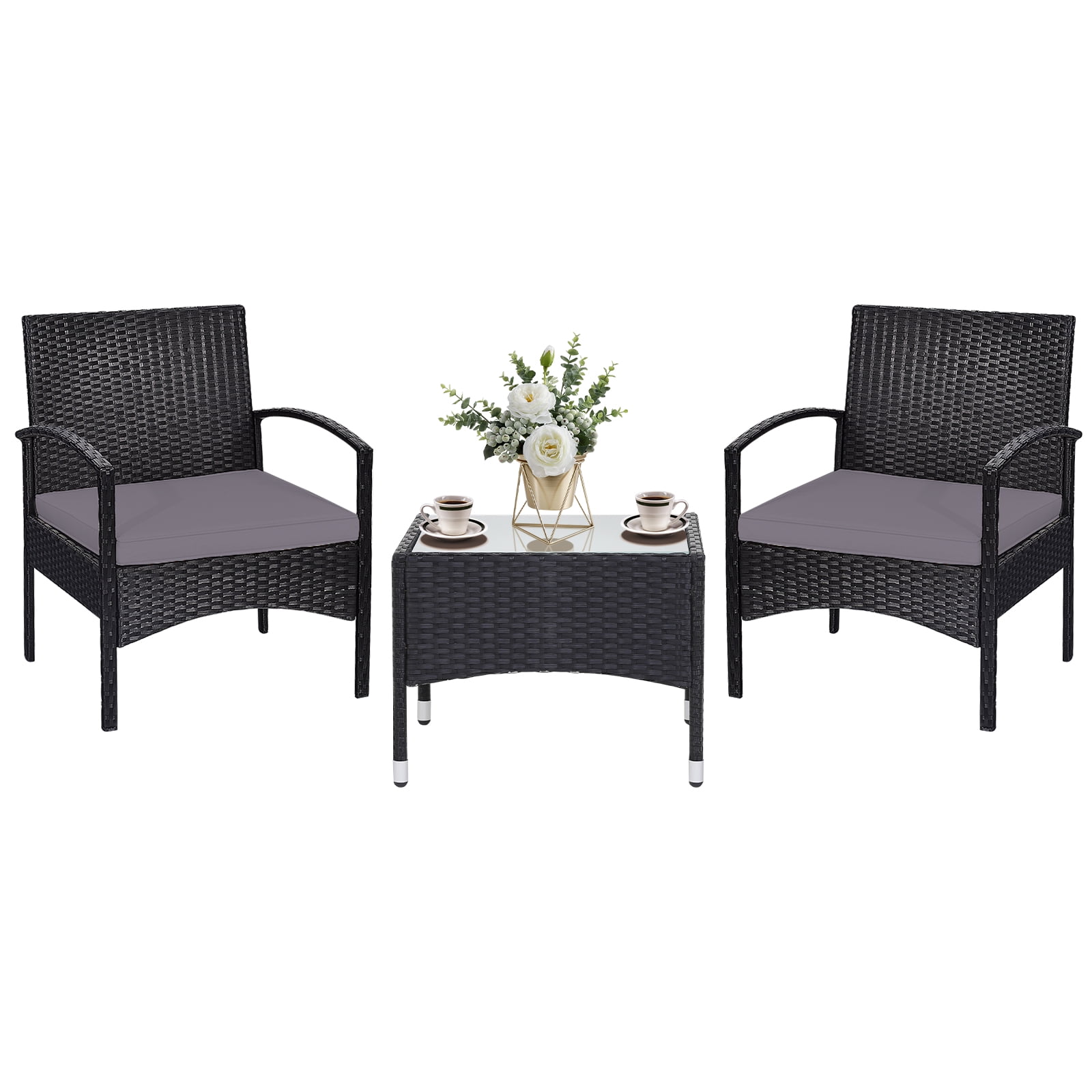 Patiojoy 3 PCS Patio Rattan Cushioned Chair Side Table Set Bistro Set