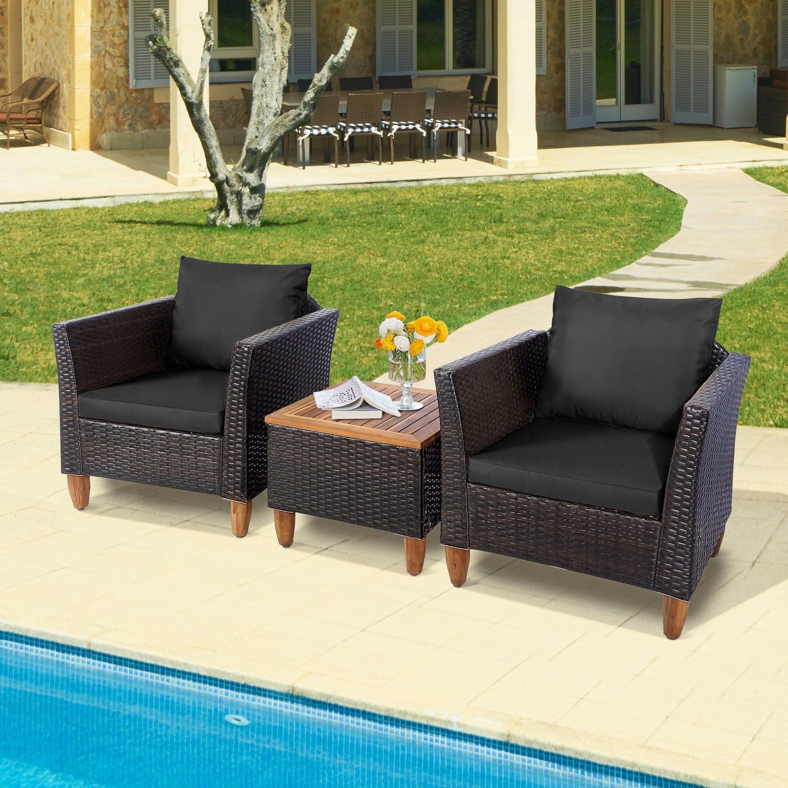 Mix Brown and Blue Rattan 3-Piece Outdoor Seating Set with Acacia Wood Table