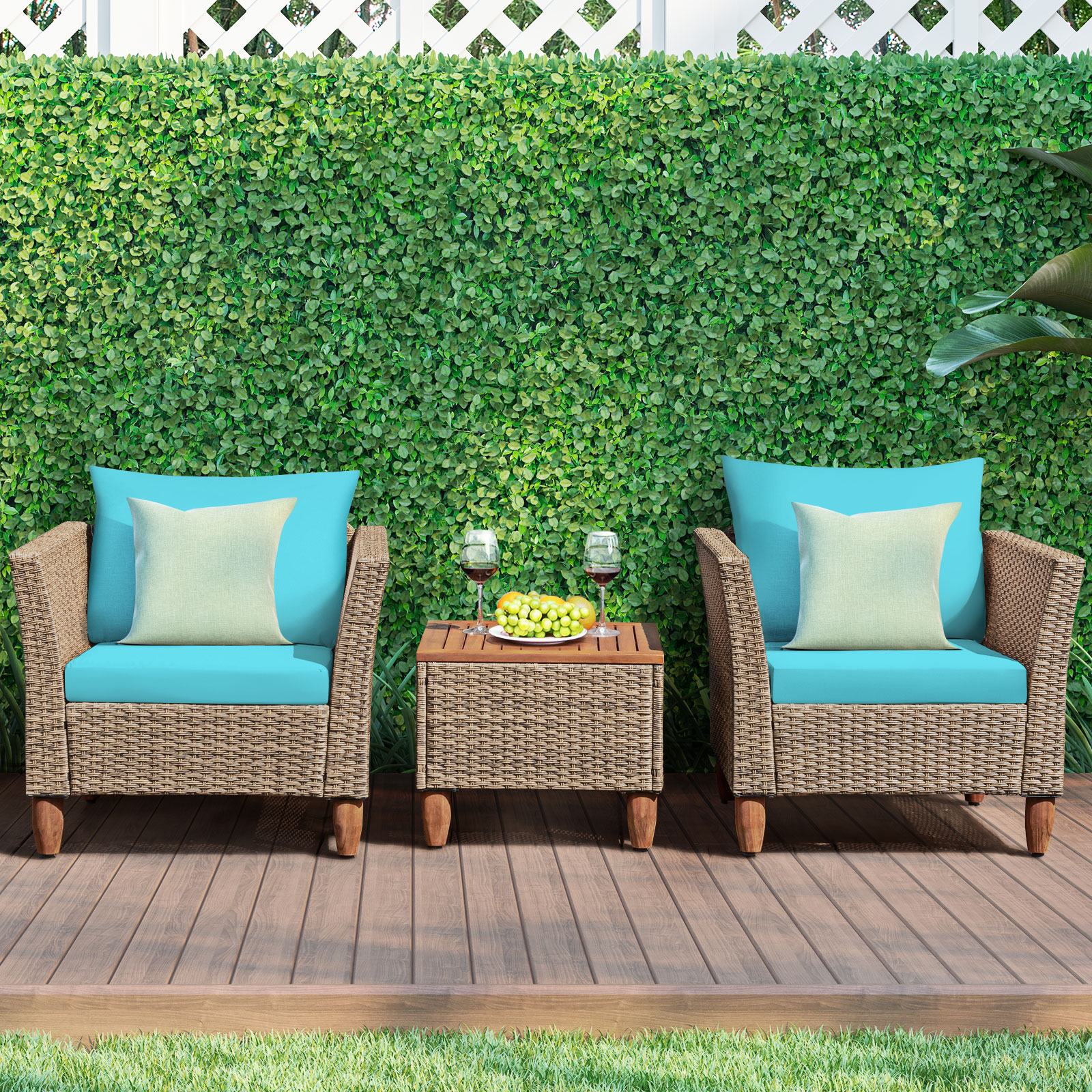 Patiojoy 3 Piece Outdoor Rattan Sofa Set Wicker Conversation Furniture Set with Turquoise Cushions - image 1 of 9