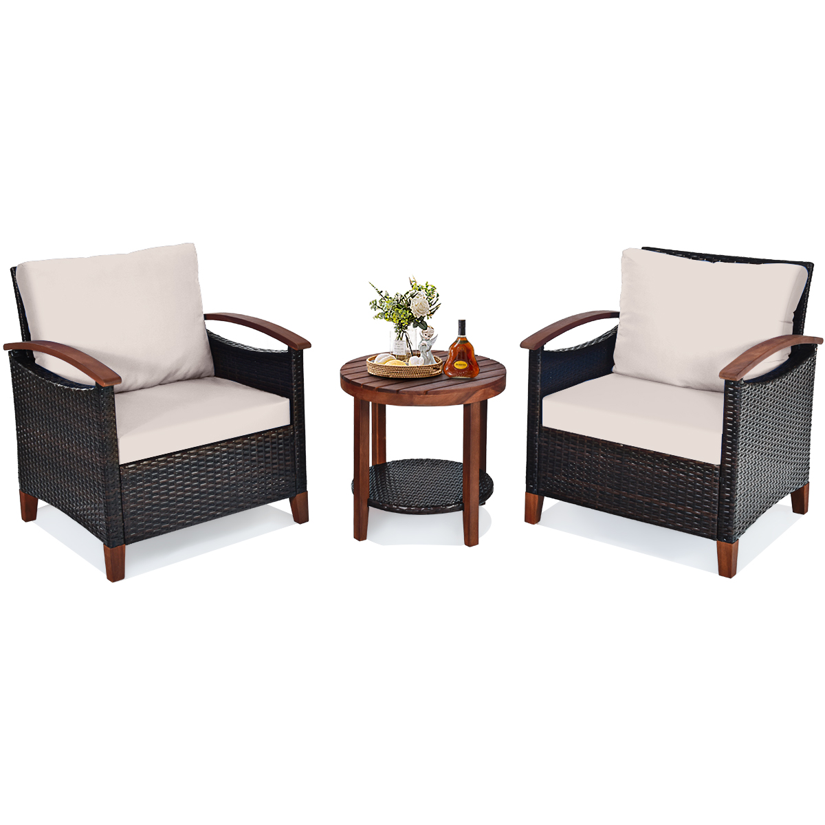 Patiojoy 3-Piece Patio Rattan Bistro Set Acacia Wood Frame Sofa and Side Table Beige - image 1 of 6