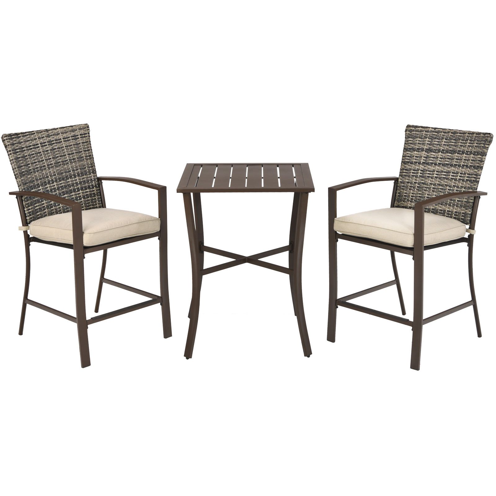 Patiojoy 3-Piece Patio Rattan Furniture Set Outdoor Bistro Set Cushioned Chairs & Table Set Brown - image 1 of 5