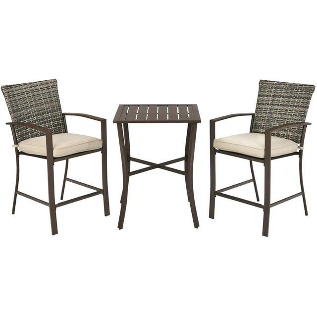 Patiojoy 3-Piece Patio Rattan Furniture Set Outdoor Bistro Set Cushioned Chairs & Table Set Brown