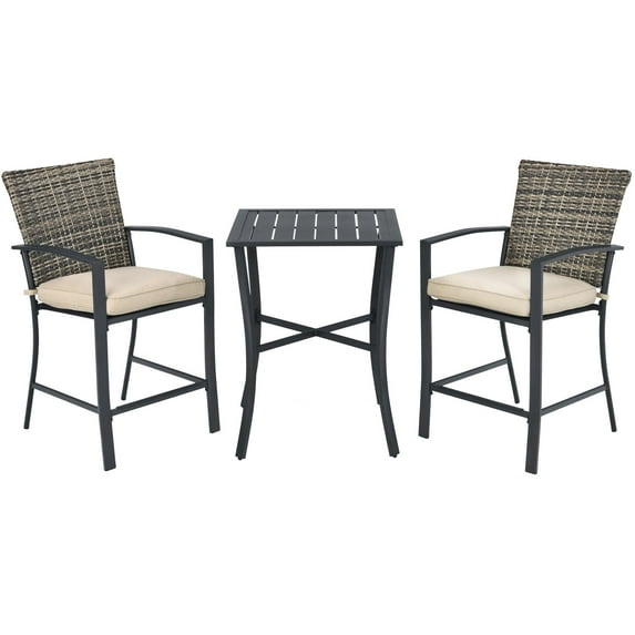 Patiojoy 3-Piece Patio Rattan Furniture Set Outdoor Bistro Set Cushioned Chairs & Table Set Gray