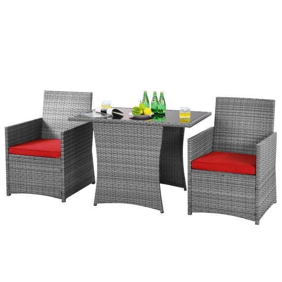 Patiojoy 3-Piece Patio Rattan Furniture Set, Outdoor Wicker Table and Chair Set with Cushions, Red