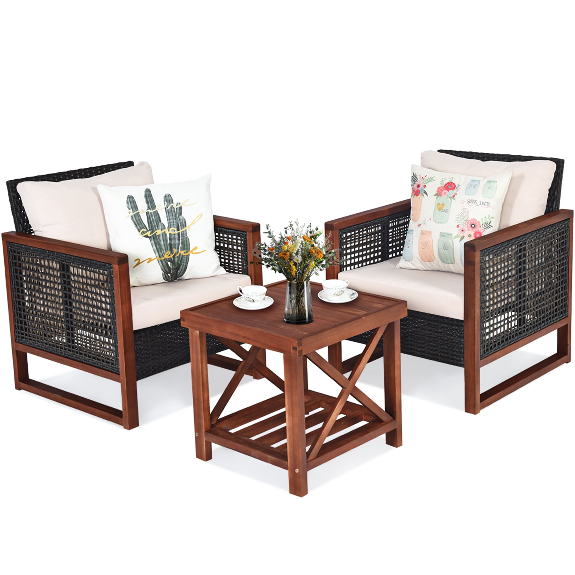 Patiojoy 3-Piece Outdoor Rattan Wicker Bistro Set, Assembled Acacia Wood Frame Sofa and Side Table