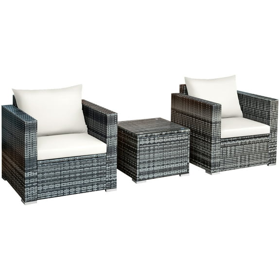 Patiojoy 3-Piece Patio Wicker Conversation Set Bistro Rattan Sofa Chair with Washable Cushion Mix Gray & White