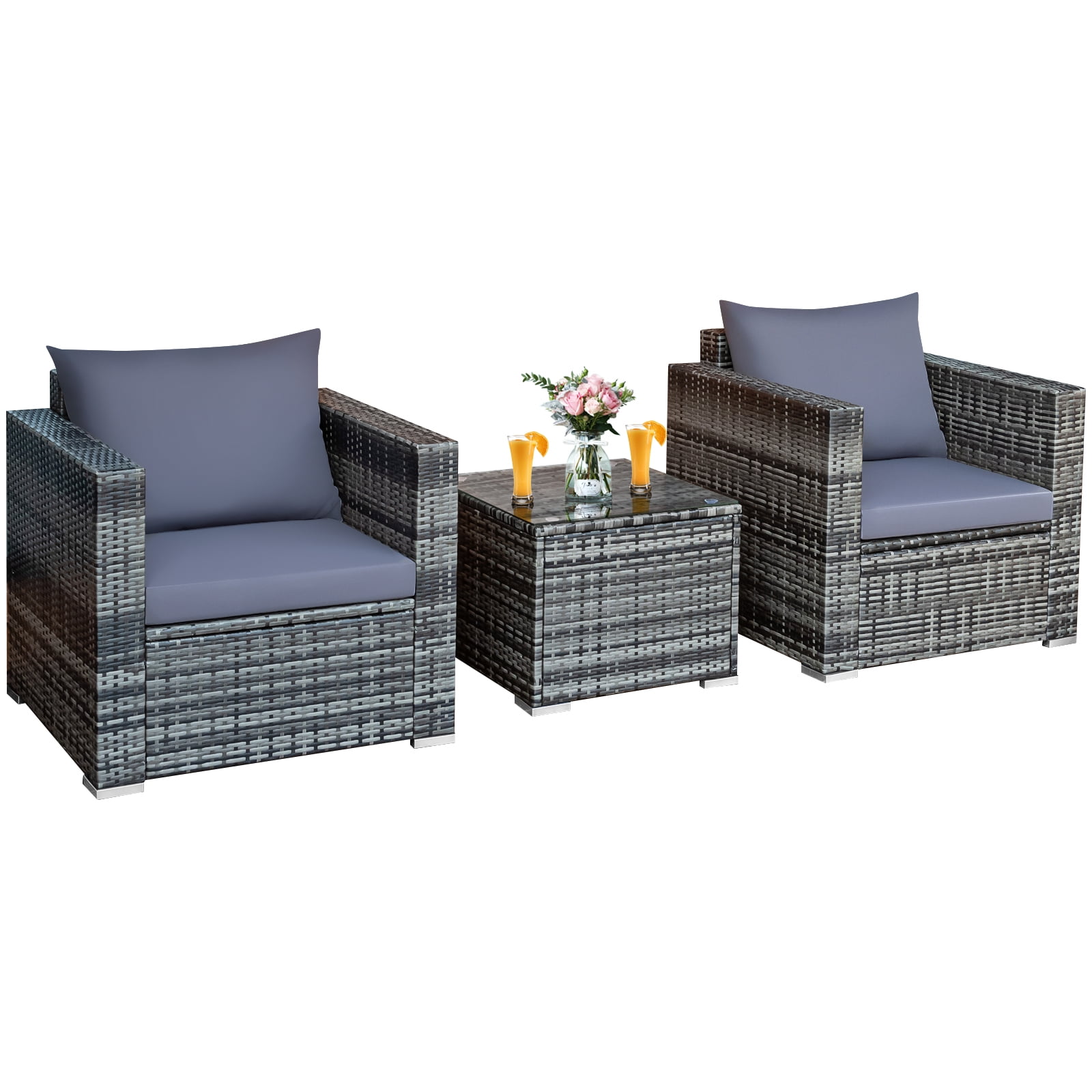 Gray Wicker 3-Piece Outdoor Patio Set with Cushions