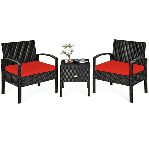 Patiojoy 3-Piece Patio Wicker Storage Table & Chair Set Outdoor Conversation Set Red