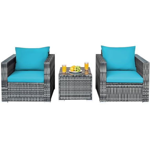Patiojoy 3-Piece Rattan Outdoor Bistro Set with Washable Cushion, Turquoise