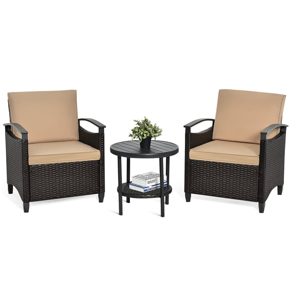 Patiojoy 3-Piece Rattan Sofa Chair Patio Conversation Set with Coffee Table & Cushions