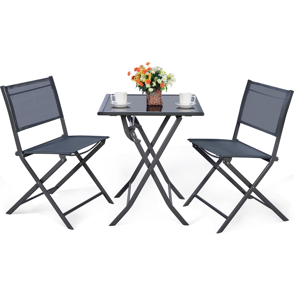 Patiojoy 3 Pieces Folding Patio Bistro Steel Conversation Set Table and