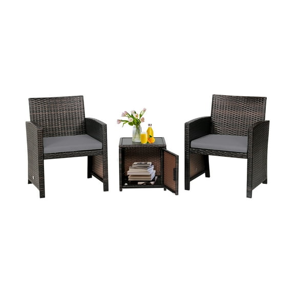 Patiojoy 3 Pieces Outdoor PE Wicker Bistro Set with Waterproof Cover for Porch Balcony Garden and Poolside, Grey Cushion