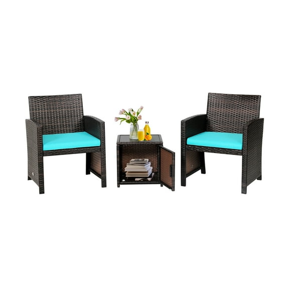 Patiojoy 3 Pieces Outdoor PE Wicker Bistro Set with Waterproof Cover for Porch Balcony Garden and Poolside, Turquoise Cushion