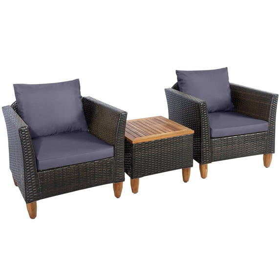 Patiojoy 3 Pieces Outdoor Rattan Furniture Set Wicker Bistro Set Wooden Table Top with Gray Cushions