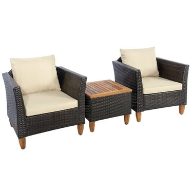 Patiojoy 3 Pieces Outdoor Rattan Furniture Set Wicker Bistro Set Wooden Table Top with Beige Cushions