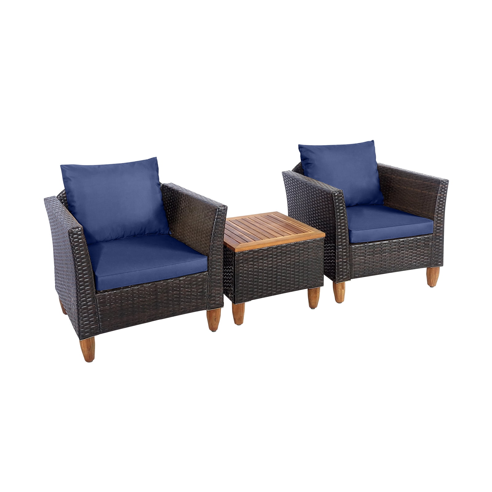 Patiojoy 3 Pieces Outdoor Rattan Furniture Set Wicker Bistro Set Wooden Table Top with Navy