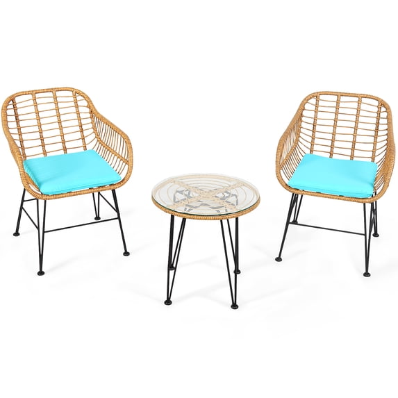 Patiojoy 3 Pieces Patio Furniture Set w/Tempered Glass Coffee Table Set for Garden and Backyard Turquoise Cushions