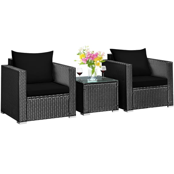 Patiojoy 3PCS Patio Rattan Furniture Conversation Set with 2 Cushioned Sofas & Coffee Table for Outdoor Black
