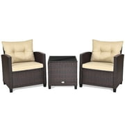 Patiojoy 3PCS Wicker Cushioned Conversation Set Outdoor Rattan Furniture w/Beige Cushions