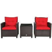 BLACK JAGUAR 3PCS Wicker Cushioned Conversation Set Outdoor Rattan Furniture w/Red Cushions