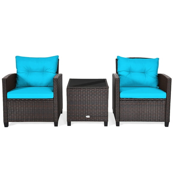 BLACK JAGUAR 3PCS Wicker Cushioned Conversation Set Outdoor Rattan Furniture w/Turquoise Cushions