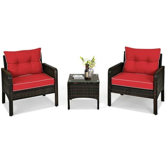 Patiojoy 3PCS Outdoor Patio Rattan Wicker Conversation Set W/ Red Cushions Red