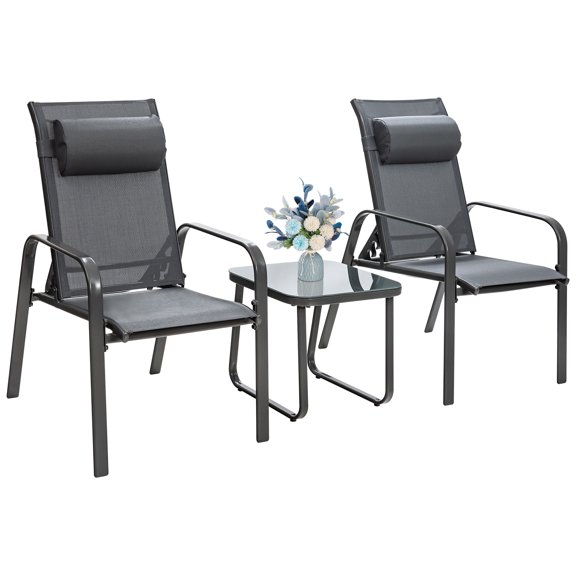 Patiojoy 3PCS Patio Adjustable Back Stackable Chairs Side Table Set Bistro Set Classic Furniture Chair Set for Garden Grey