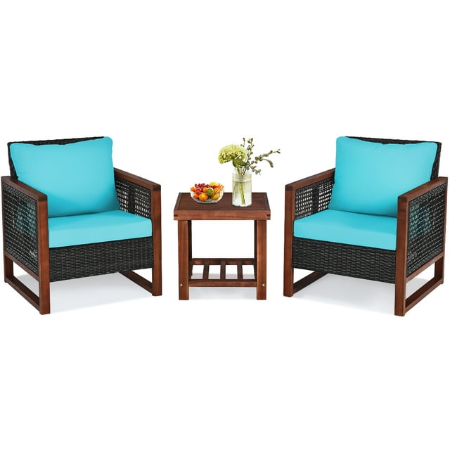 Patiojoy 3PCS Patio Rattan Bistro Set Acacia Wood Frame Sofa and Side Table Turquoise Cushions