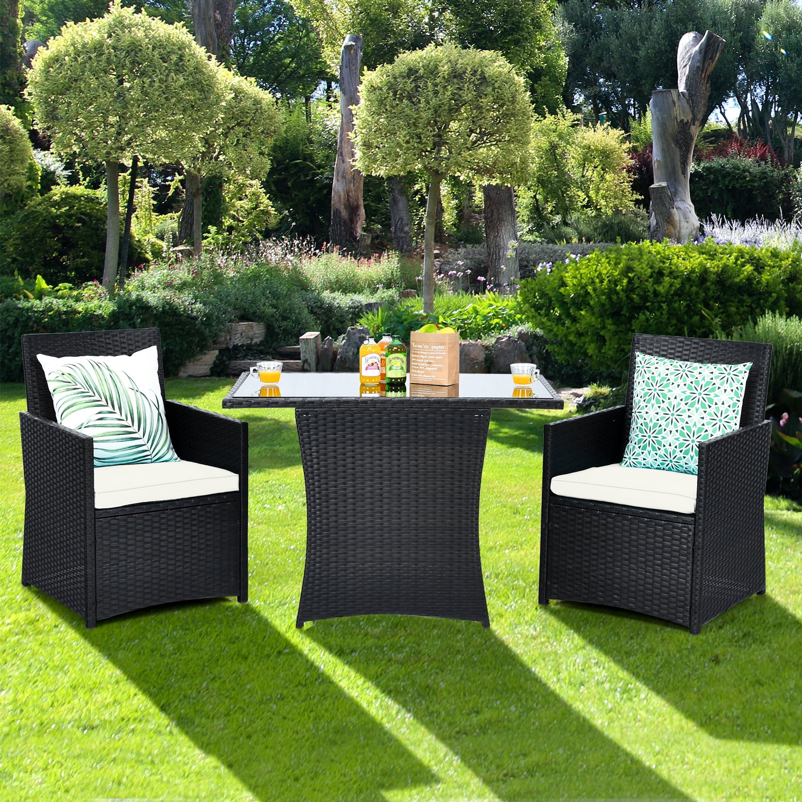 Patiojoy 3PCS Patio Rattan Dining Set Space Saving Furniture Set with Tempered Glass Top Table and Cushioned Chairs Navy
