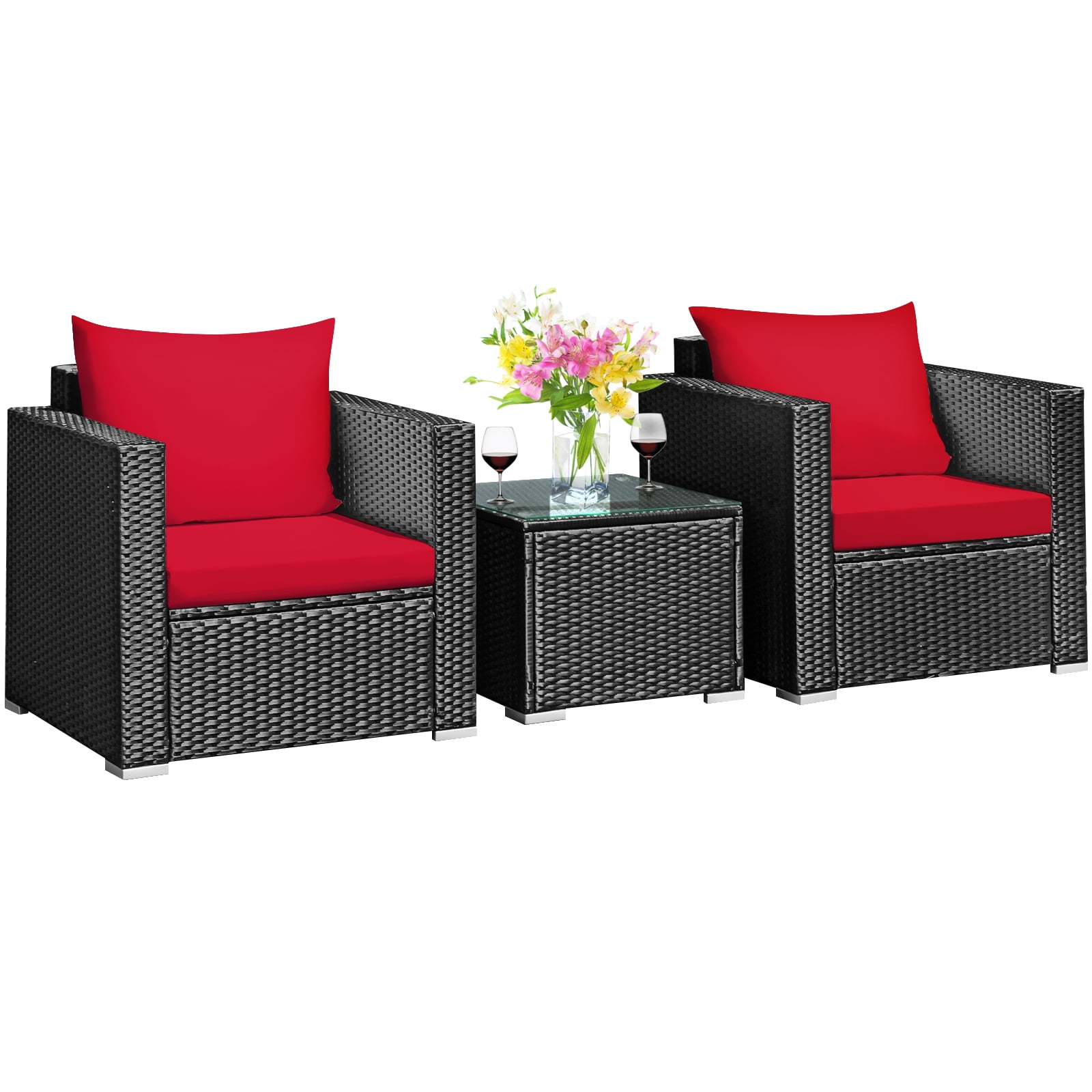 Patiojoy 3PCS Patio Rattan Furniture Conversation Set with 2 Cushioned Sofas & Coffee Table for Outdoor Red