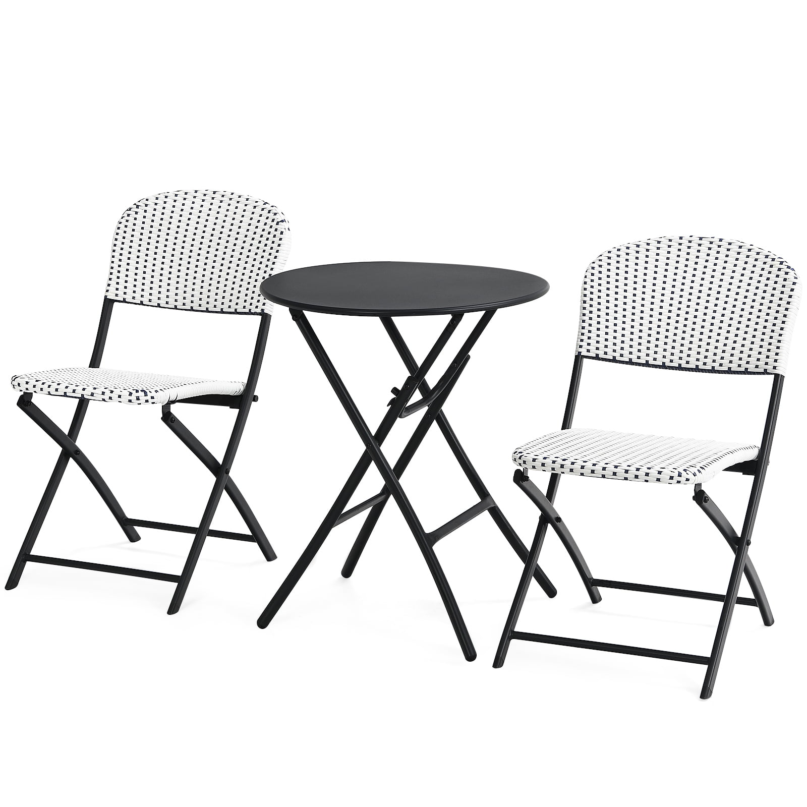 Black and White Rattan Folding Bistro Set with Round Table