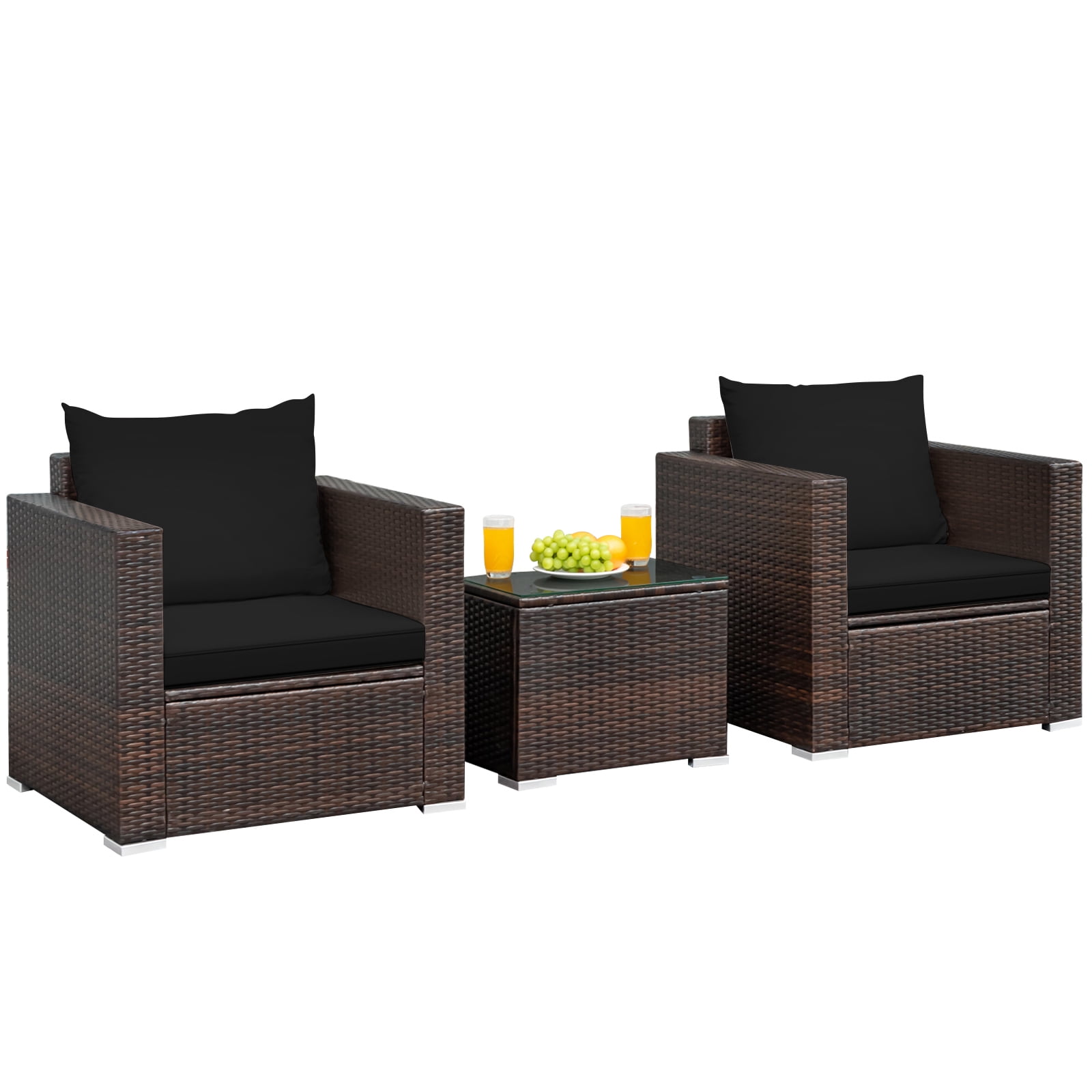 Black 3-Piece Rattan Patio Conversation Set with Cushions