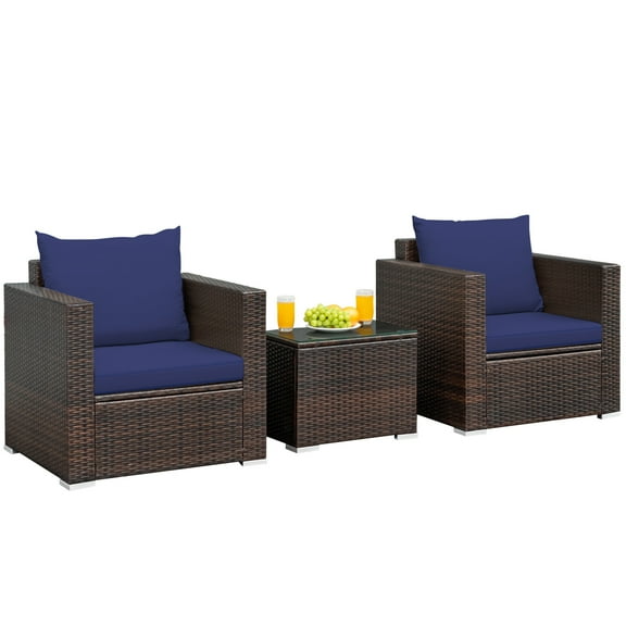 Patiojoy 3PCS Patio Rattan Furniture Set with 2 Cushioned Sofas & Coffee Table for Outdoor Navy
