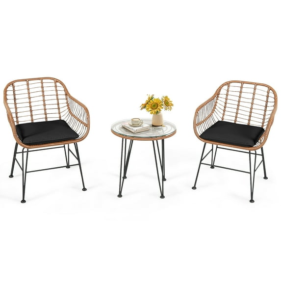 Patiojoy 3PCS Patio Rattan Furniture Set with Round Tempered Glass Top Table & 2 Rattan Armchairs Black Cushions