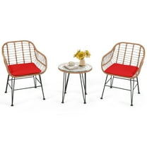 Patiojoy 3PCS Patio Rattan Furniture Set with Round Tempered Glass Top Table & 2 Rattan Armchairs Red Cushions