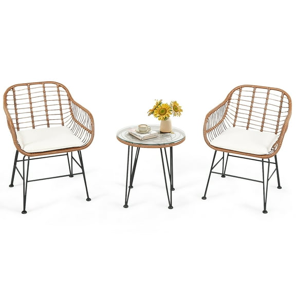 Patiojoy 3PCS Patio Rattan Furniture Set with Round Tempered Glass Top Table & 2 Rattan Armchairs White Cushions