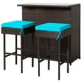 thumbnail image 1 of Patiojoy 3PCS Patio Wicker Rattan Bar Set Table w/2 Turquoise Cushioned Stools, 1 of 10