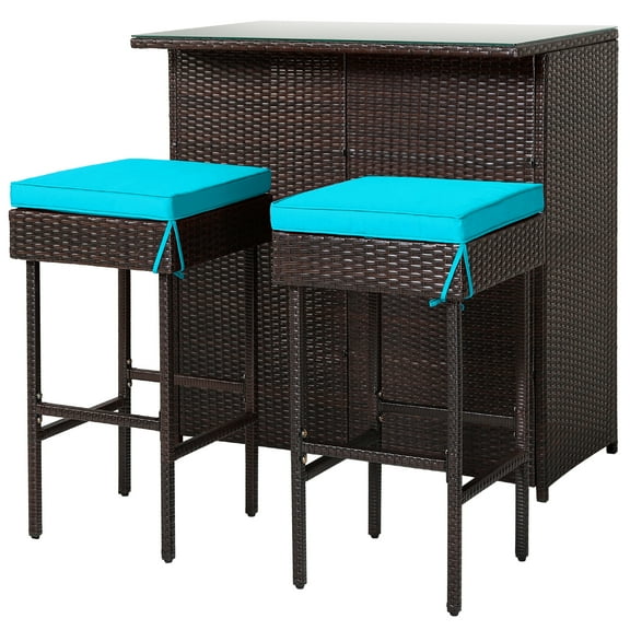 Patiojoy 3PCS Patio Wicker Rattan Bar Set Table w/2 Turquoise Cushioned Stools