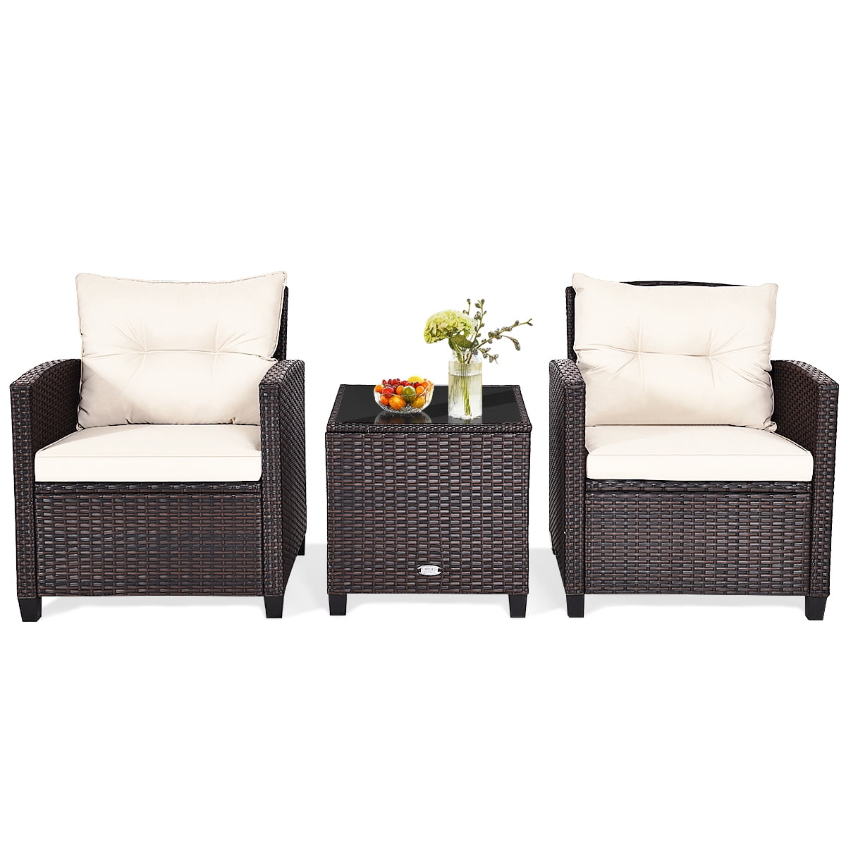 Patiojoy 3PCS Wicker Cushioned Conversation Set Outdoor Rattan Furniture w/Off White Cushions