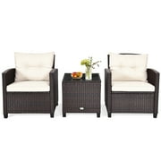 Patiojoy 3PCS Wicker Cushioned Conversation Set Outdoor Rattan Furniture w/Off White Cushions