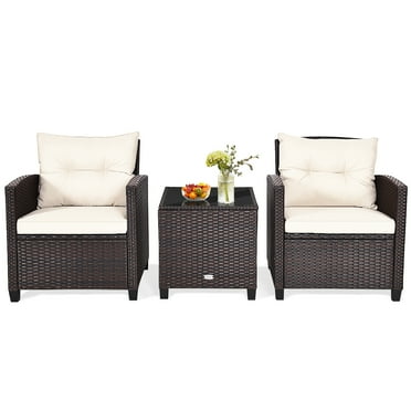 Patiojoy 3PCS Wicker Cushioned Conversation Set Outdoor Rattan Furniture w/Off White Cushions