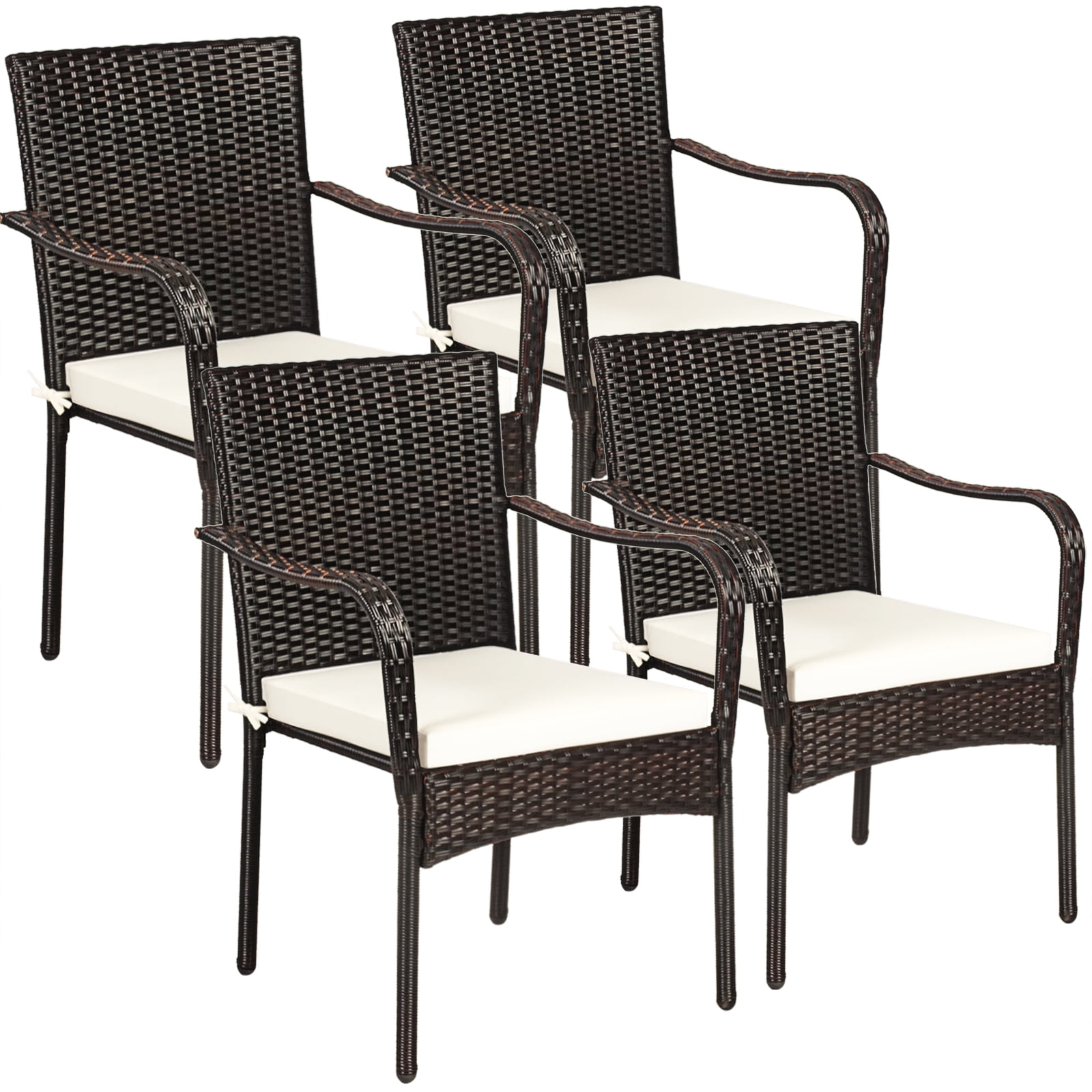 Set of 4 Brown Rattan Dining Chairs with Off-White Cushions