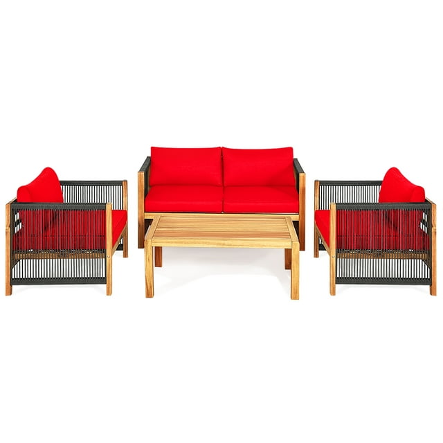 Patiojoy 4-Piece Outdoor Patio Wood Conversation Furniture Set Padded Chair with Coffee Table Red
