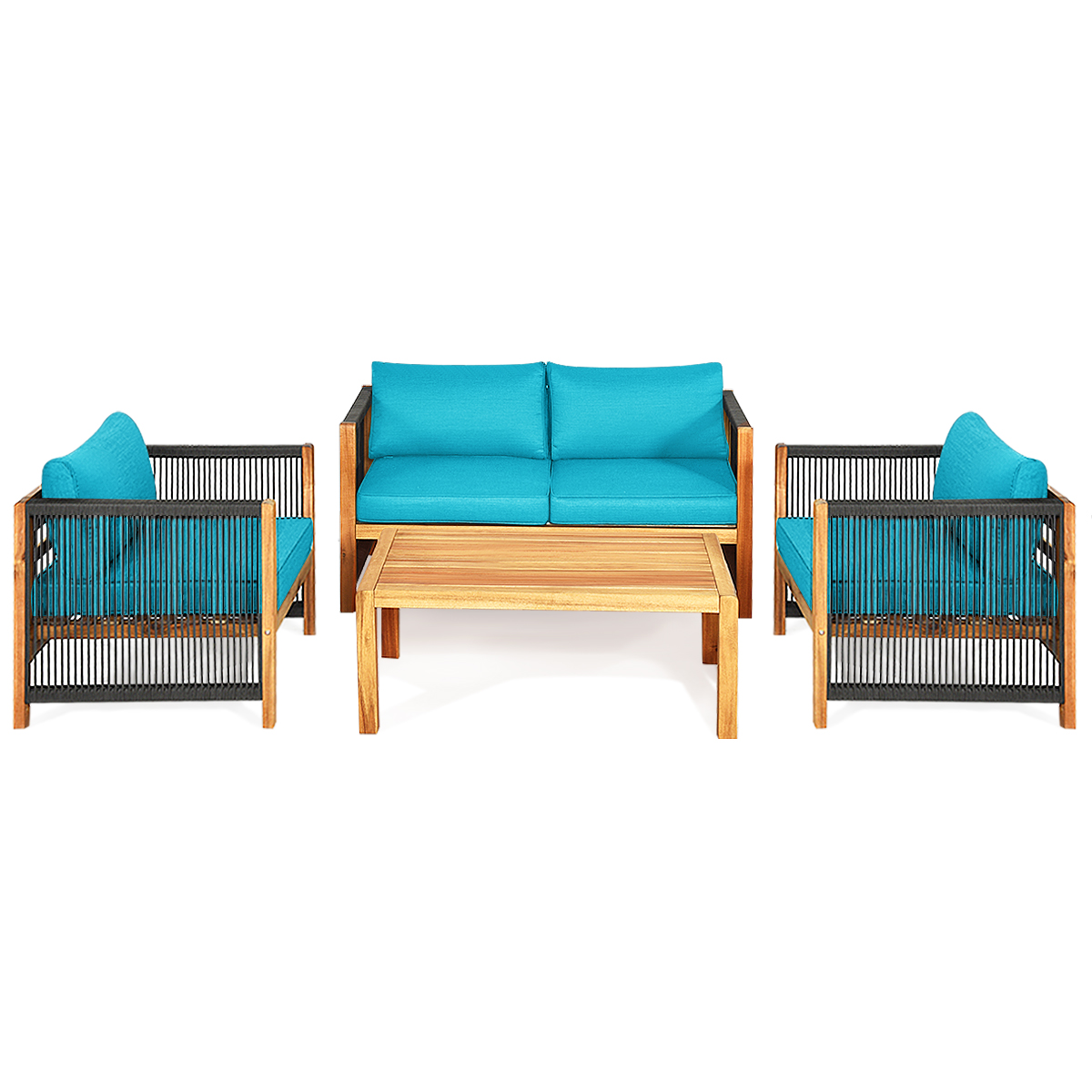 Patiojoy 4-Piece Outdoor Patio Wood Conversation Furniture Set Padded Chair with Coffee Table Turquoise - image 1 of 5