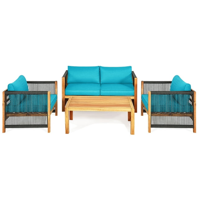 Patiojoy 4-Piece Outdoor Patio Wood Conversation Furniture Set Padded Chair with Coffee Table Turquoise