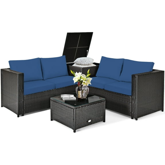 Patiojoy 4-Piece Outdoor Rattan Sectional Loveseat Couch Conversation Sofa Set with Storage Box &Coffee Table Navy