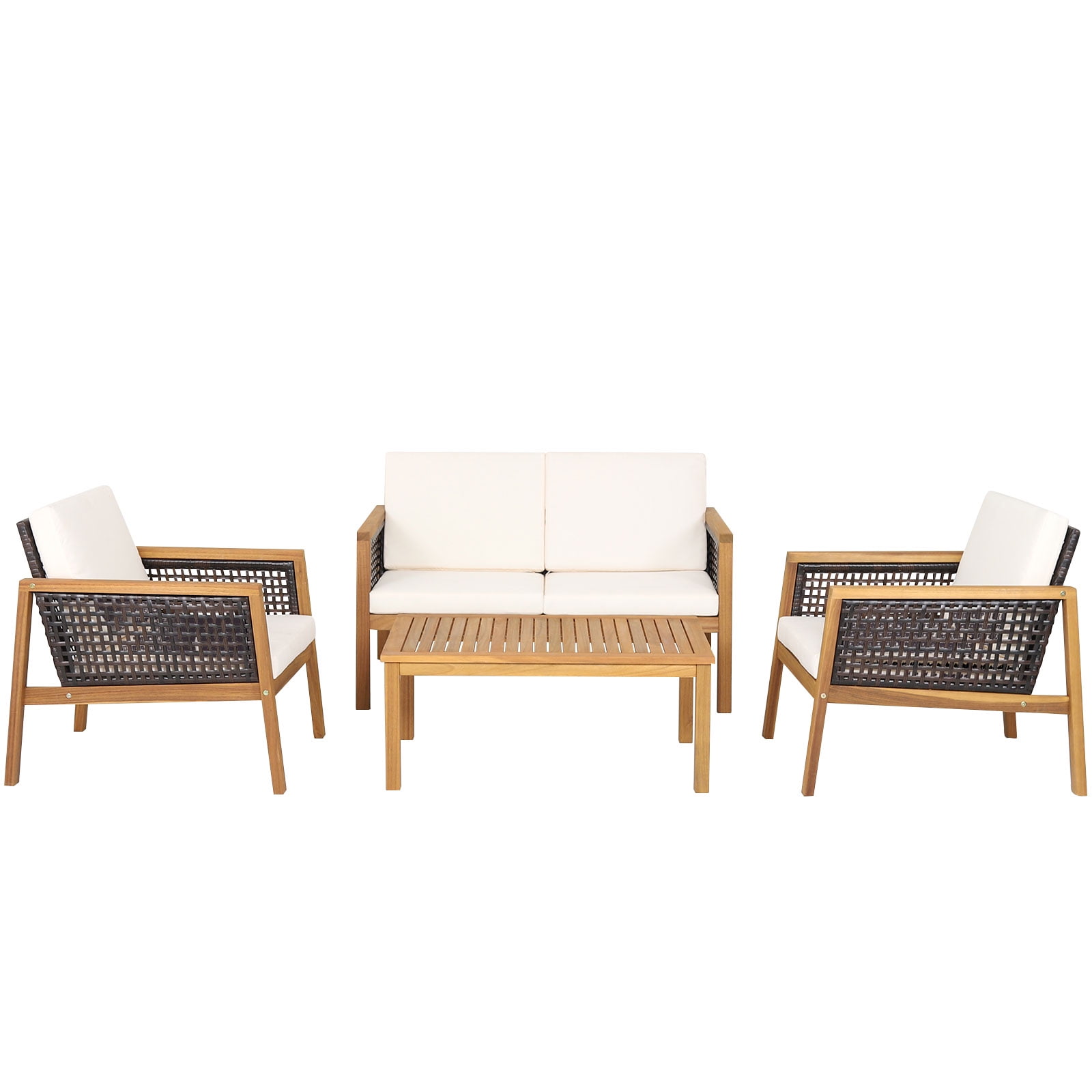 Patiojoy 4Piece Outdoor Acacia Wood Furniture Set with PE Rattan