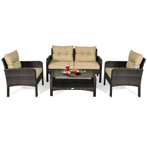 Patiojoy 4 Piece Patio Conversation Set Rattan Wicker Loveseat Sofa Coffee Table & Glass Top