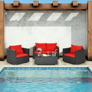 Patiojoy 4PC Patio Rattan Wicker Conversation Furniture Set Sectional Sofa & Coffee Table Red