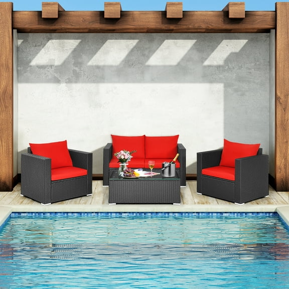 Patiojoy 4PC Patio Rattan Wicker Conversation Furniture Set Sectional Sofa & Coffee Table Red